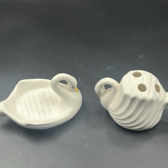 VTG Set Swan Soap Dish Toothbrush Holder MCM Ceramic - Picture 4 of 10